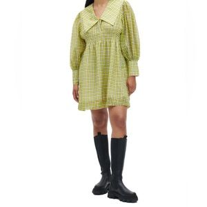GANNI Organza Wide Collar Smock Yellow Plaid Mini Dress Size 42 EU, Size 12 US